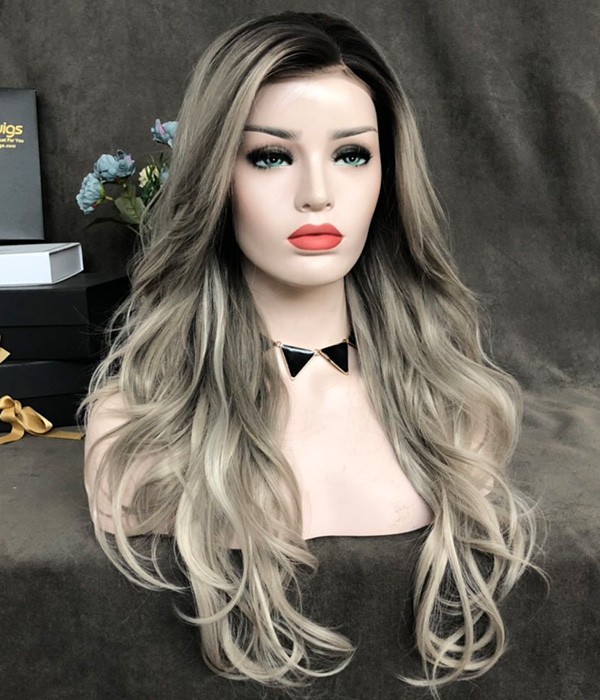 Hot Ice Grey With White Highlights And Black Rooted Synthetic Lace