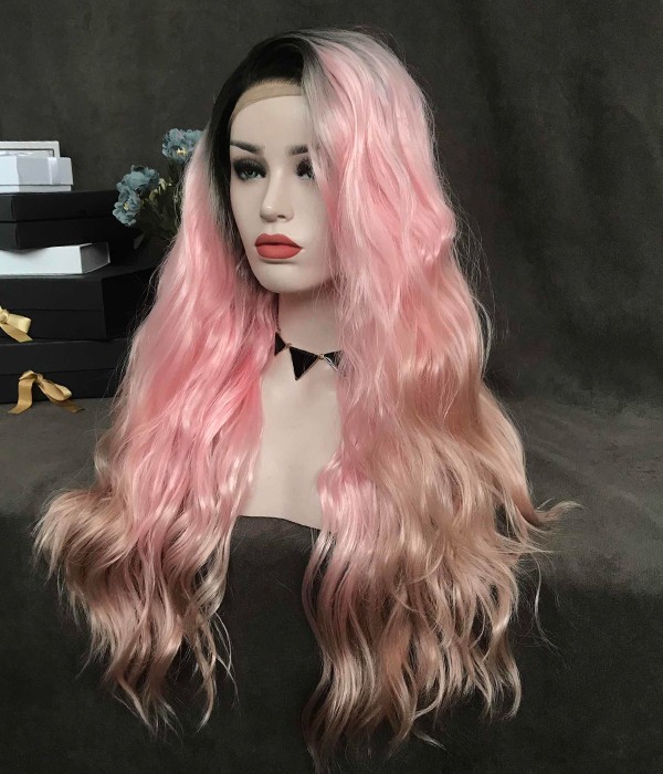 Sakura Bubblegum Pink Synthetic Lace Front Wig With Black Roots