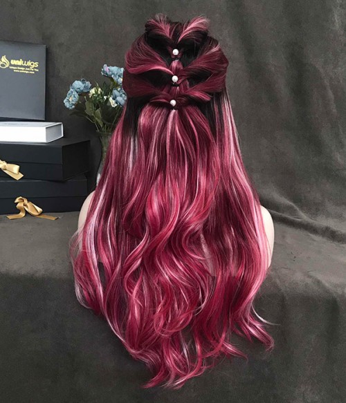 hot pink synthetic lace front wig