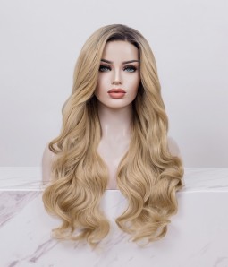 Blonde With Dark Root Long Wavy Synthetic Lace Front Wig