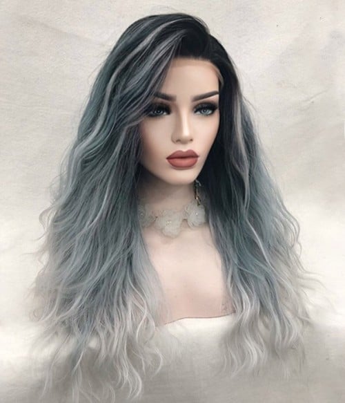Vortex  Ash Blue Gray Ombre with Dark Roots Long Wavy Synthetic Lace Front  Wig - UniWigs ® Official Site