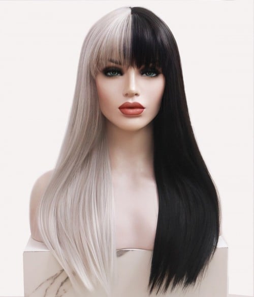 Cruella Half Silver and Half Black Long Straight Synthetic Wig