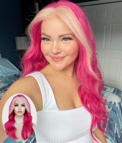 Hot Pink  Money Piece Remy Human Hair Lace Front Wig - UniWigs