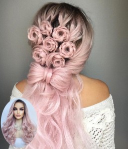 Dusty Rose Pale Pink Long Wavy Synthetic Lace Front Wig
