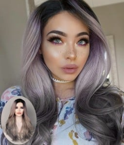 Moon Nymph Ombre Gray Highlight Long Wavy Synthetic Lace Front Wig