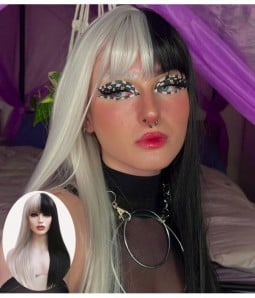 |Half Silver and Half Black Long Straight Synthetic Wigs