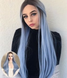 Macarons Pastel Blue Long Layered Synthetic Lace Front Wig