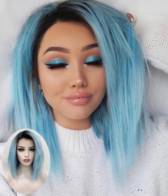 Starry Sky Pastel Blue Shoulder Length Synthetic Lace Front Wig