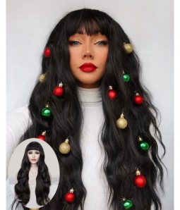 Delilah |Natural Black Long Wavy Synthetic Lace Front Wig with Bangs