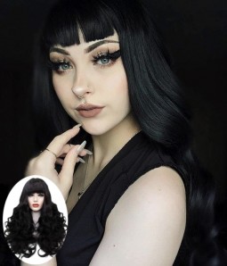 Barbie Doll Black Long layered Wavy Synthetic Lace Front Wig with Bang
