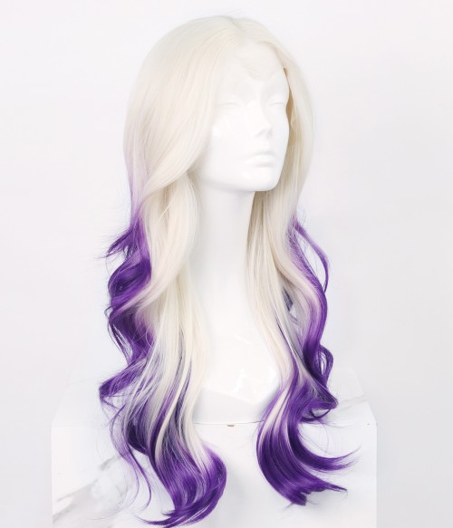 In Flames Purple White Ombre Long Wavy Lace Front Wig