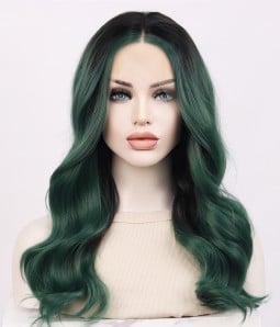Oaisis | Dark Emerald Green Long Wavy Synthetic Lace Front Wig