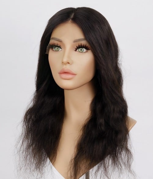 Raya, Curly Natural Black Remy Human Hair Silk Top with Full Lace Wig, Fully Hand-tied, Lace Front