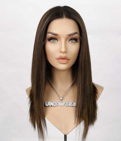 Mabel, Highlighted Brunette Remy Human Hair Ponytail Wig, Petite Size S, Lace Front