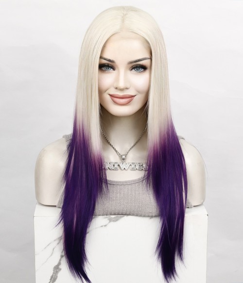 In Flames Purple White Ombre Long Straight Lace Front Wig