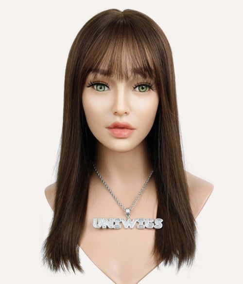 Ann | Mocha Brown Remy Human Hair Lace Front Wig with Bangs| Lightly  Bleached Knots