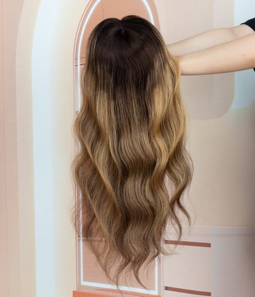 Hazel Silk Top Human Hair Topper Warm Brown with Natural Highlights