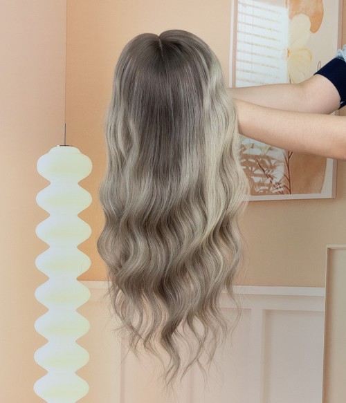 Latte Silk Top Human Hair Topper | Warm Brown & Beige Highlights display picture 3