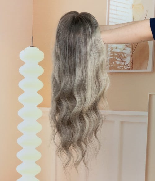 Latte Silk Top Human Hair Topper | Warm Brown & Beige Highlights