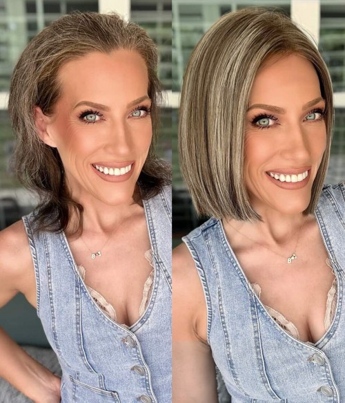 Beautiful wig short layered cut wig mandy Mandy | Taupe Brown Bob Remy Human Hair Lace Front Wig S/M  main image 3